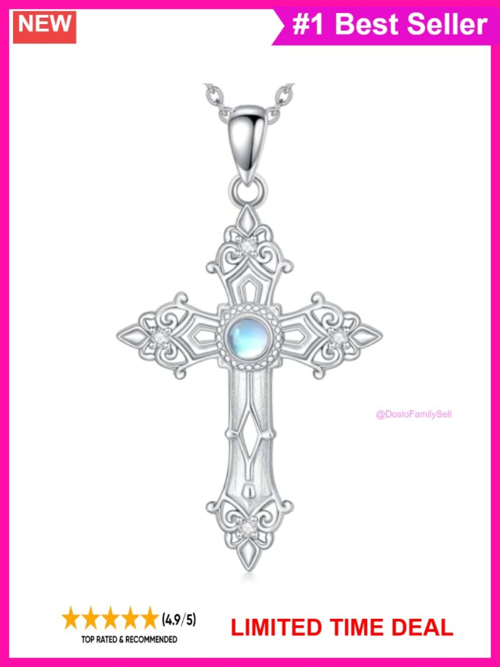 925 Sterling Silver Moonstone Cross Pendant Necklace 18+2"